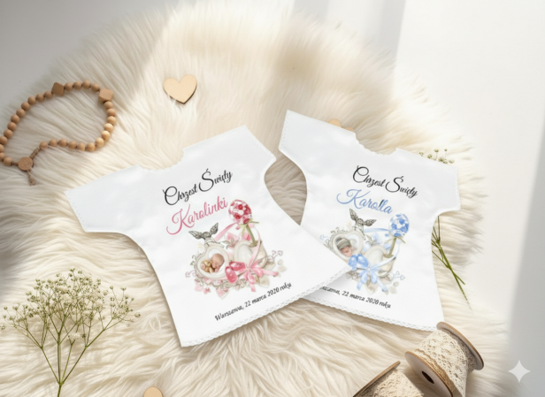 w aranżacji -  Szatka na Chrzest LITTLE ANGEL ze zdjęciem – personalizowana pamiątka Chrztu Świętego
