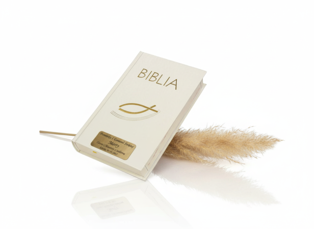 Biblia Pismo Święte ecru z rybką – Pamiątka I Komunii Świętej z grawerem | Prezent religijny