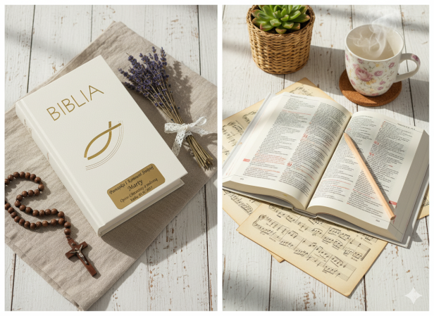 Biblia Pismo Święte ecru z rybką – Pamiątka I Komunii Świętej z grawerem | Prezent religijny