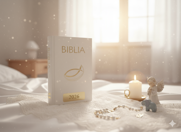 Biblia Pismo Święte ecru z rybką – Pamiątka Chrztu Świętego z grawerem | Prezent religijny