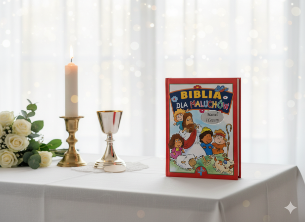 Biblia dla maluchów z imieniem – personalizowana książka religijna dla dziecka | Pamiątka Chrztu i Komunii w aranżacji