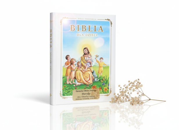 Biblia dla dzieci (biała) z grawerowaną dedykacją – prezent i pamiątka Chrztu lub Komunii