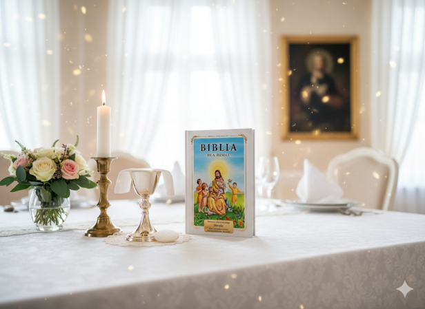 w aranżacji - Biblia dla dzieci (biała) z grawerowaną dedykacją – prezent i pamiątka Chrztu lub Komunii