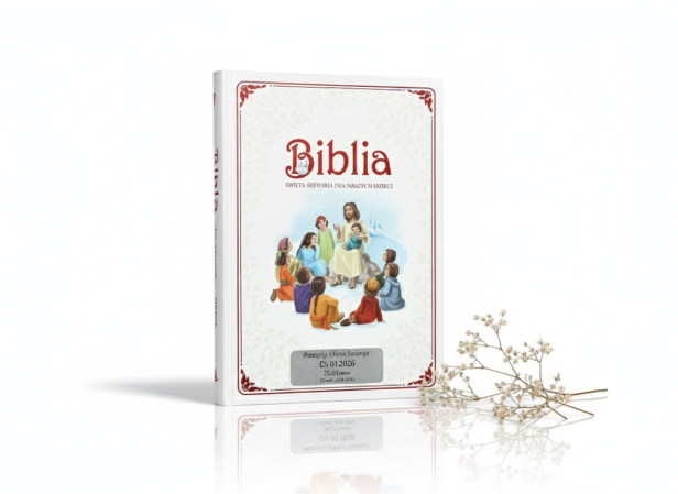 Biblia „Święta historia dla naszych dzieci” z grawerowaną dedykacją – Pamiątka Chrztu i Komunii Świętej