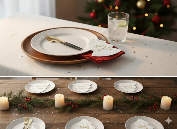 aranżacja Serwetki świąteczne „Choinka – Merry Christmas” – białe, 20 szt. | Dekoracja stołu