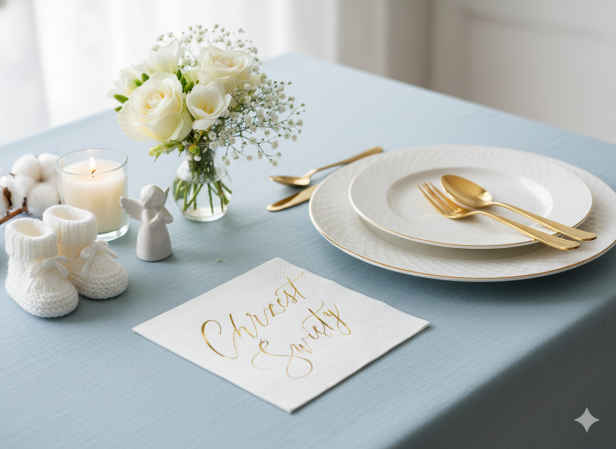 Serwetki ekologiczne „Chrzest Święty” – złote, 33×33 cm, 20 szt. | Dekor stołu
