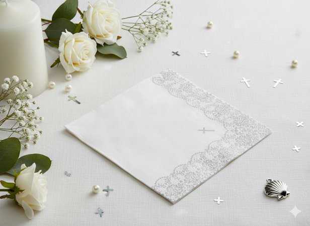 Serwetki ekologiczne białe z ornamentem srebrnym – 33×33 cm, 20 szt. | Dekor sakramentalny.png