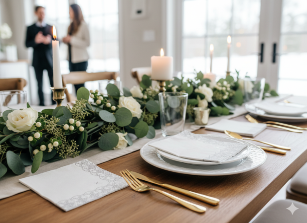 Serwetki ekologiczne białe z ornamentem srebrnym – 33×33 cm, 20 szt. | Dekor sakramentalny