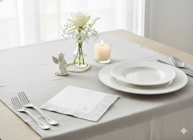 aranżacja Serwetki ekologiczne białe z ornamentem srebrnym – 33×33 cm, 20 szt. | Dekor sakramentalny
