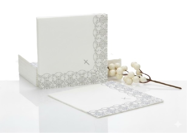 Serwetki ekologiczne białe z ornamentem srebrnym – 33×33 cm, 20 szt. | Dekor sakramentalny
