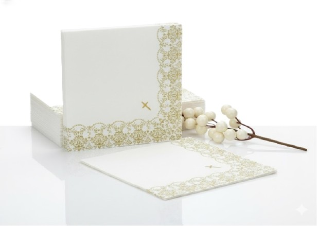 Serwetki ekologiczne białe z ornamentem złotym – 33×33 cm, 20 szt. | Dekor sakramentalny
