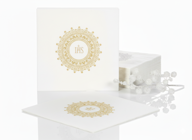 Serwetki ekologiczne białe z ornamentem złotym IHS – 33×33 cm, 20 szt. | Dekor sakramentalny