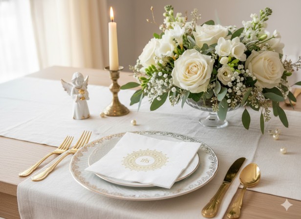 Serwetki ekologiczne białe z ornamentem złotym IHS – 33×33 cm, 20 szt. | Dekor sakramentalny