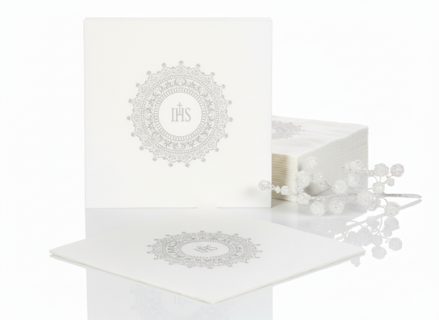 Serwetki ekologiczne białe z ornamentem srebrnym IHS – 33×33 cm, 20 szt. | Dekor sakramentalny