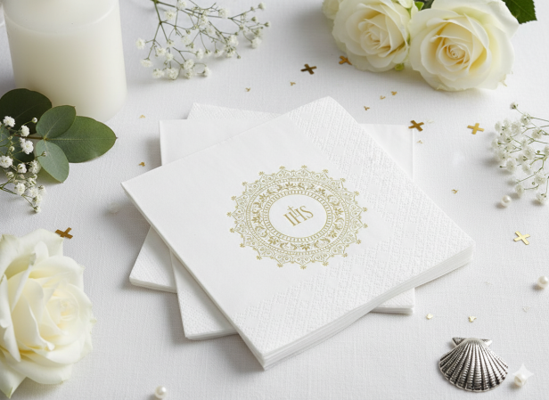 Serwetki ekologiczne białe z ornamentem złotym IHS – 33×33 cm, 20 szt. | Dekor sakramentalny