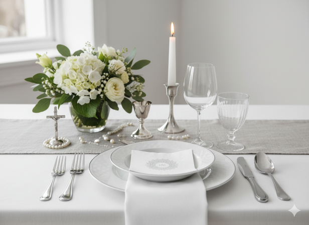 Serwetki ekologiczne białe z ornamentem srebrnym IHS – 33×33 cm, 20 szt. | Dekor sakramentalny