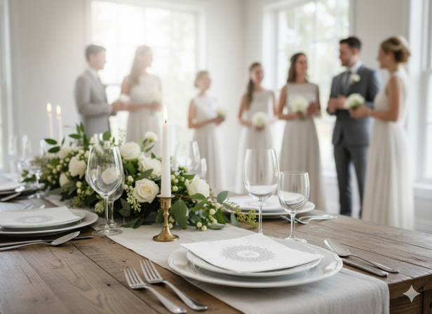 Serwetki ekologiczne białe z ornamentem srebrnym IHS – 33×33 cm, 20 szt. | Dekor sakramentalny