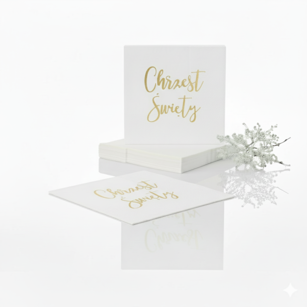 Serwetki białe „Chrzest Święty” – złoty napis, 10 szt. | Dekoracja stołu