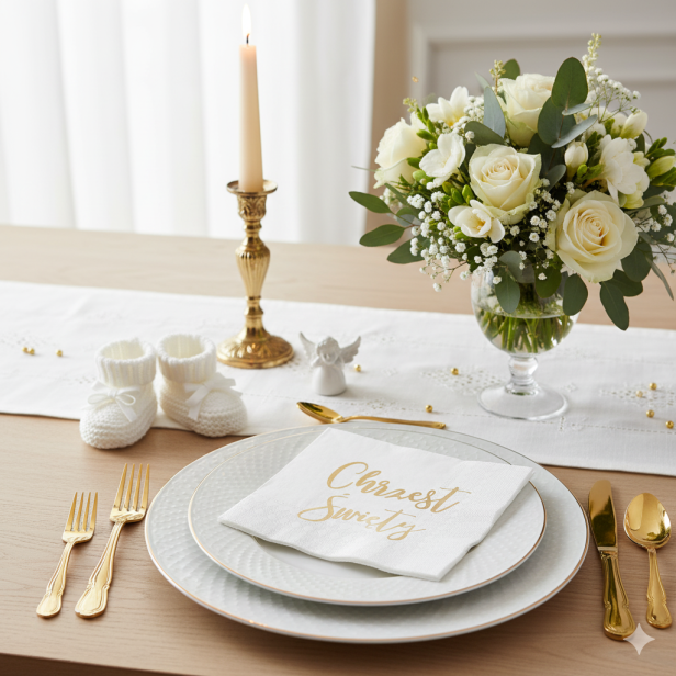 Serwetki białe „Chrzest Święty” – złoty napis, 10 szt. | Dekoracja stołu