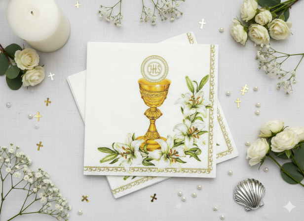 Ekologiczne serwetki komunijne „Kielich IHS i lilie” – 20 szt. | Dekoracja stołu