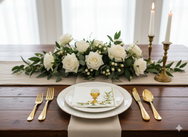 Ekologiczne serwetki komunijne „Kielich IHS i lilie” – 20 szt. | Dekoracja stołu