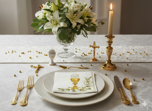 Ekologiczne serwetki komunijne „Kielich IHS i lilie” – 20 szt. | Dekoracja stołu