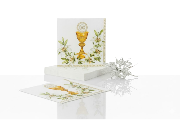Ekologiczne serwetki komunijne „Kielich IHS i lilie” – 20 szt. | Dekoracja stołu