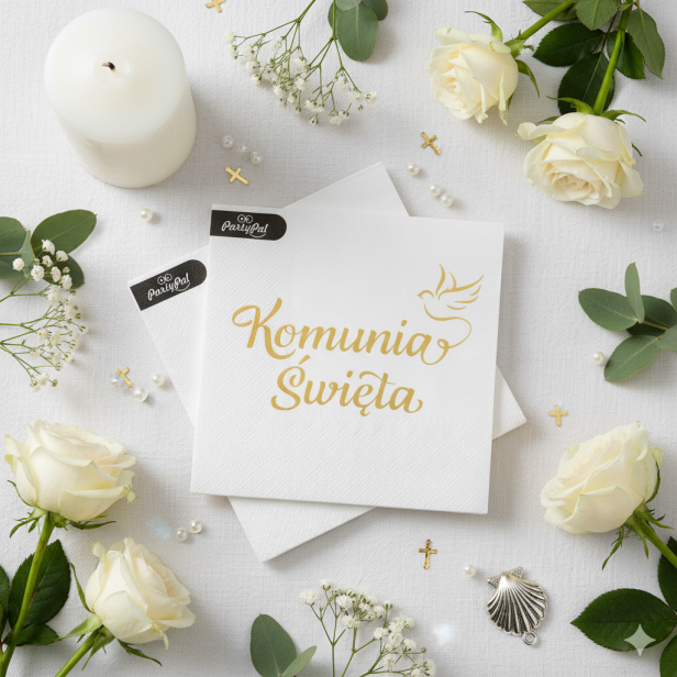 Serwetki białe „Komunia Święta” – 10 szt. | Złoty napis i gołębica