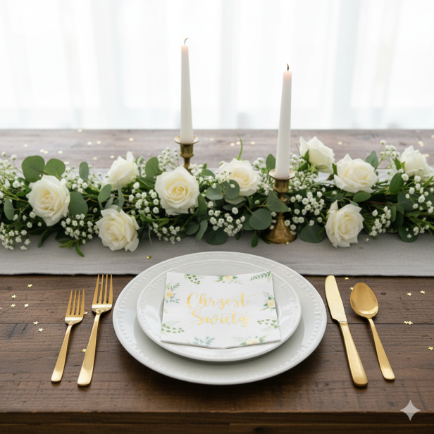 Serwetki na Chrzest Święty „Eukaliptus” – 33×33 cm, 10 szt. | Dekoracja stołu