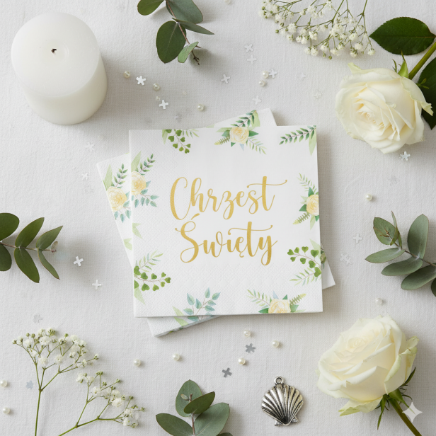 Serwetki na Chrzest Święty „Eukaliptus” – 33×33 cm, 10 szt. | Dekoracja stołu