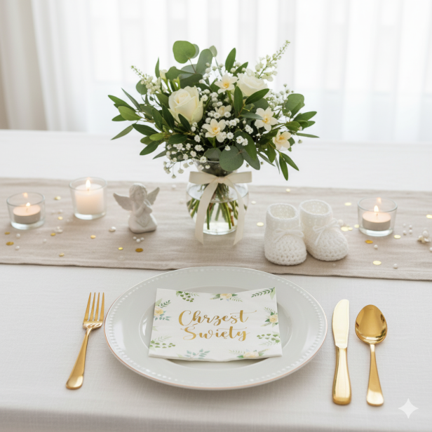 Serwetki na Chrzest Święty „Eukaliptus” – 33×33 cm, 10 szt. | Dekoracja stołu