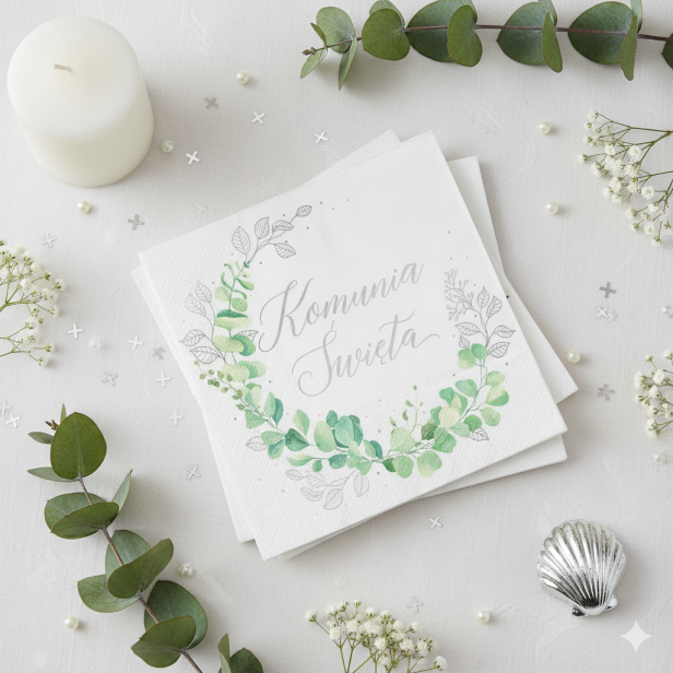 Serwetki komunijne „Komunia Święta – Eukaliptus srebrny” – 33×33 cm, 10 szt. | Dekoracja stołu