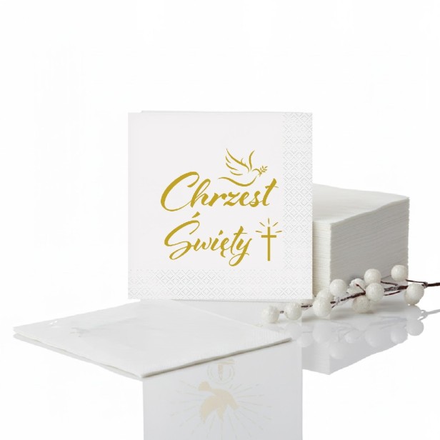 Serwetki na Chrzest Święty „Złoty napis” – 33×33 cm, 20 szt. | Dekoracja stołu