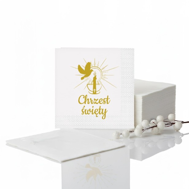 Serwetki na Chrzest Święty „Złota chrzcielnica” – 33×33 cm, 20 szt. | Dekoracja stołu
