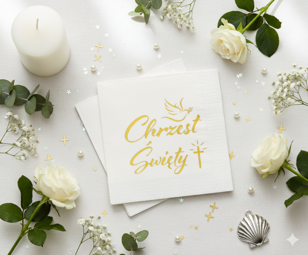 Serwetki na Chrzest Święty „Złoty napis” – 33×33 cm, 20 szt. | Dekoracja stołu