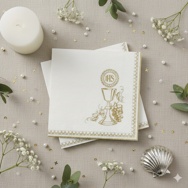 Serwetki komunijne „Kielich IHS” – 33×33 cm, 20 szt. | Ekologiczne
