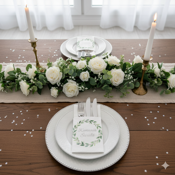 Kieszonki na sztućce Komunia Święta Eukaliptus srebrny 16szt| Dekoracja stołu