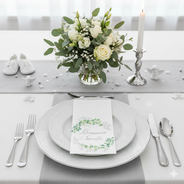 Kieszonki na sztućce Komunia Święta Eukaliptus srebrny 16szt| Dekoracja stołu