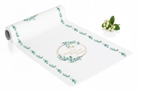 Bieżnik Komunijny IHS – Wianek Eukaliptusowy 5 m × 40 cm | Dekoracja stołu