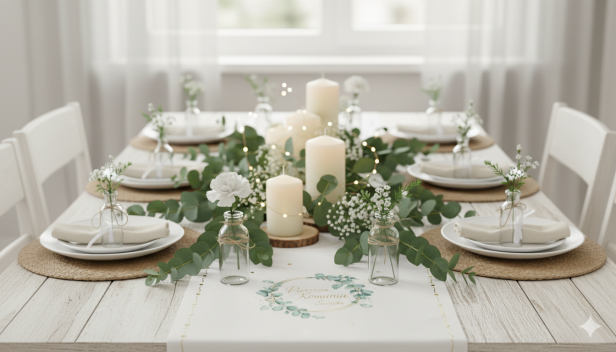 Bieżnik Komunijny IHS – Wianek Eukaliptusowy 5 m × 40 cm | Dekoracja stołu