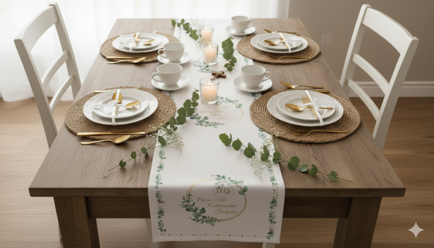 Bieżnik Komunijny IHS – Wianek Eukaliptusowy 5 m × 40 cm | Dekoracja stołu