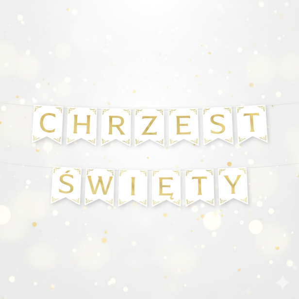 Baner Chrzest Święty biało-złoty – girlanda ozdobna 160 cm | Dekoracja chrzcielna