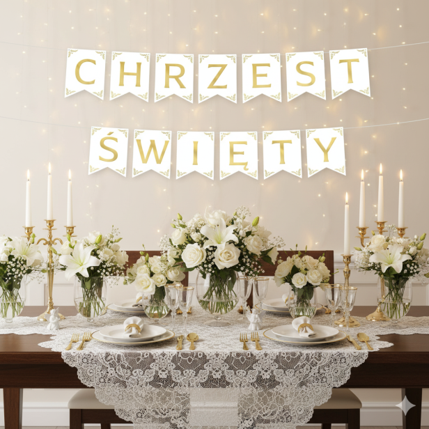 Baner Chrzest Święty biało-złoty – girlanda ozdobna 160 cm | Dekoracja chrzcielna