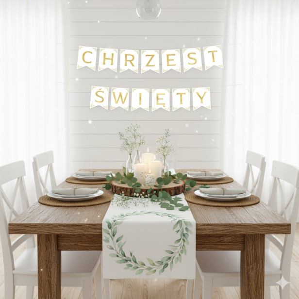 Baner Chrzest Święty biało-złoty – girlanda ozdobna 160 cm | Dekoracja chrzcielna