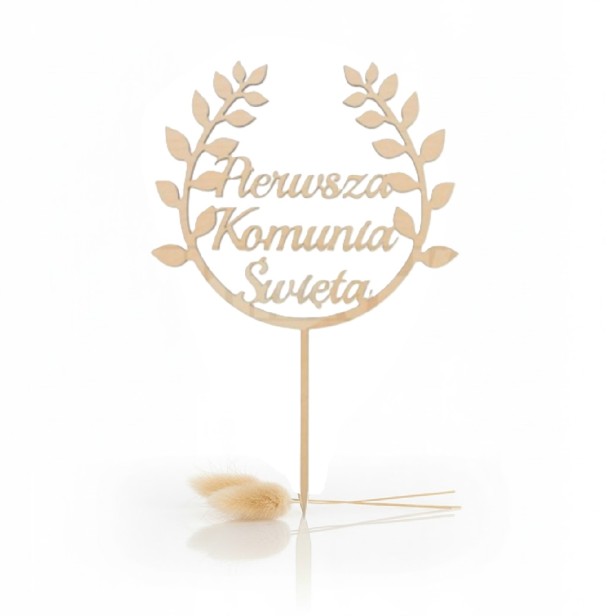 Topper okazjonalny KOMUNIA ŚWIĘTA - Dekoracja drewniana piker IHS wianek