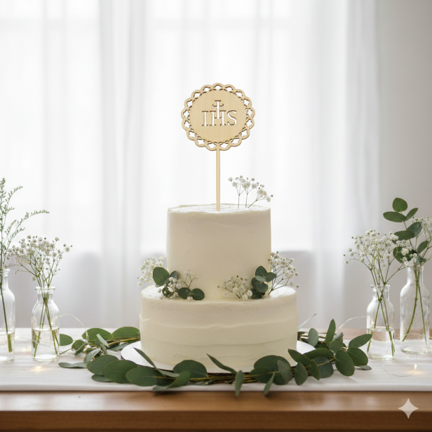 Topper okazjonalny KOMUNIA ŚWIĘTA Hostia – dekoracja drewniana na pikerze