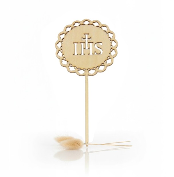 Topper okazjonalny KOMUNIA ŚWIĘTA Hostia – dekoracja drewniana na pikerze