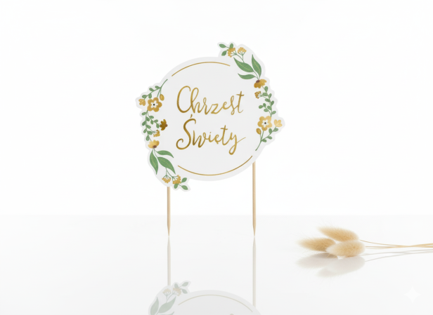 Topper okazjonalny CHRZEST ŚWIĘTY – dekoracja z brokatowego papieru na pikerze