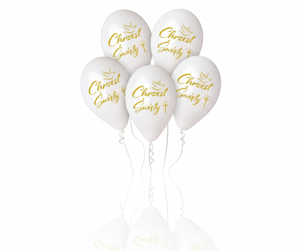 Balony CHRZEST ŚWIĘTY białe ze złotym nadrukiem – zestaw 5 szt. (lateksowe 30 cm)