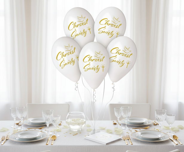 Balony CHRZEST ŚWIĘTY białe ze złotym nadrukiem – zestaw 5 szt. (lateksowe 30 cm)